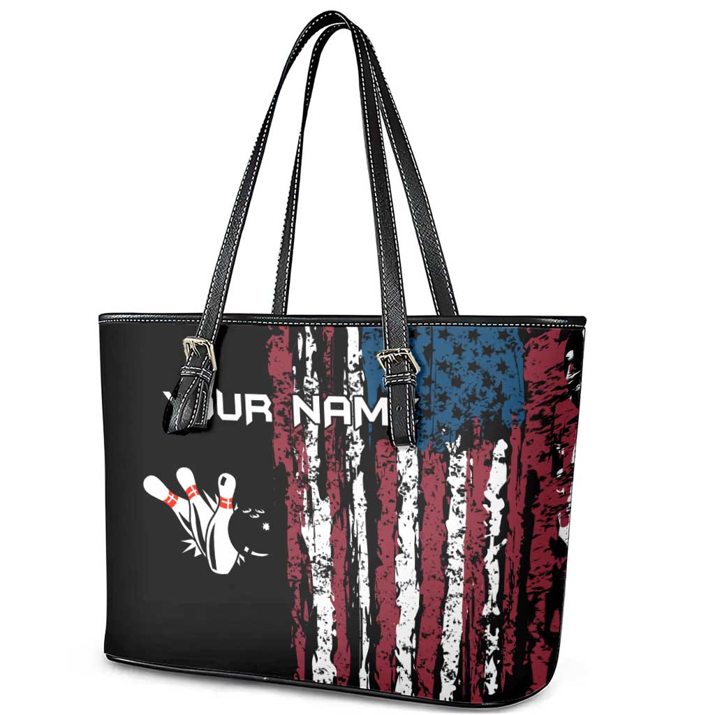 Distressed American Flag Leather Tote Bag with Bowling Pins and Ball Vertical Stripe Design - Wonder Print Shop