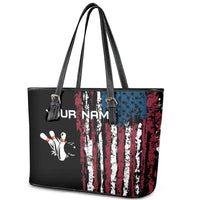 Distressed American Flag Leather Tote Bag with Bowling Pins and Ball Vertical Stripe Design - Wonder Print Shop