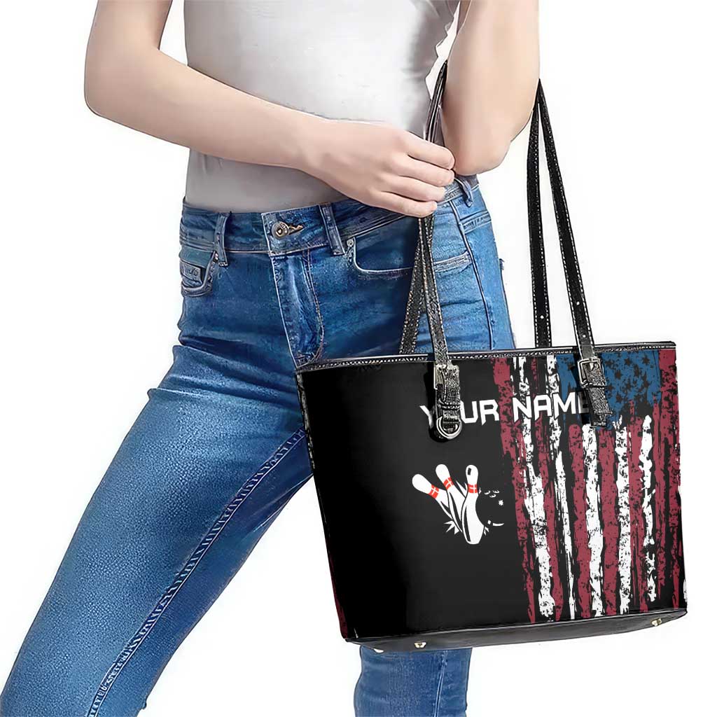 Distressed American Flag Leather Tote Bag with Bowling Pins and Ball Vertical Stripe Design - Wonder Print Shop