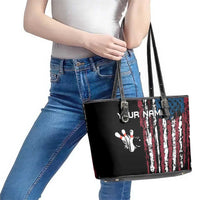 Distressed American Flag Leather Tote Bag with Bowling Pins and Ball Vertical Stripe Design - Wonder Print Shop