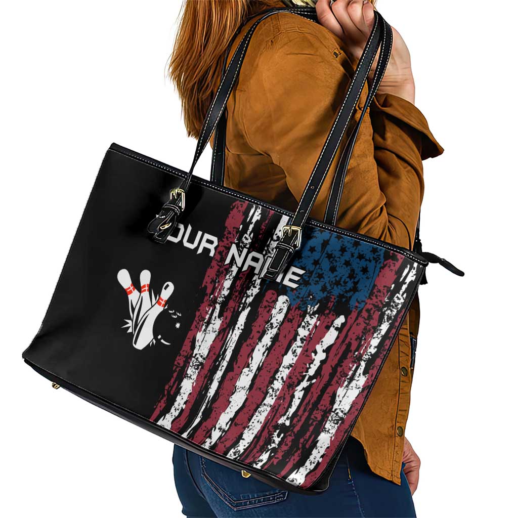Distressed American Flag Leather Tote Bag with Bowling Pins and Ball Vertical Stripe Design - Wonder Print Shop