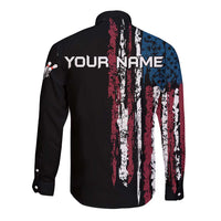 Distressed American Flag Long Sleeve Button Shirt with Bowling Pins and Ball Vertical Stripe Design - Wonder Print Shop