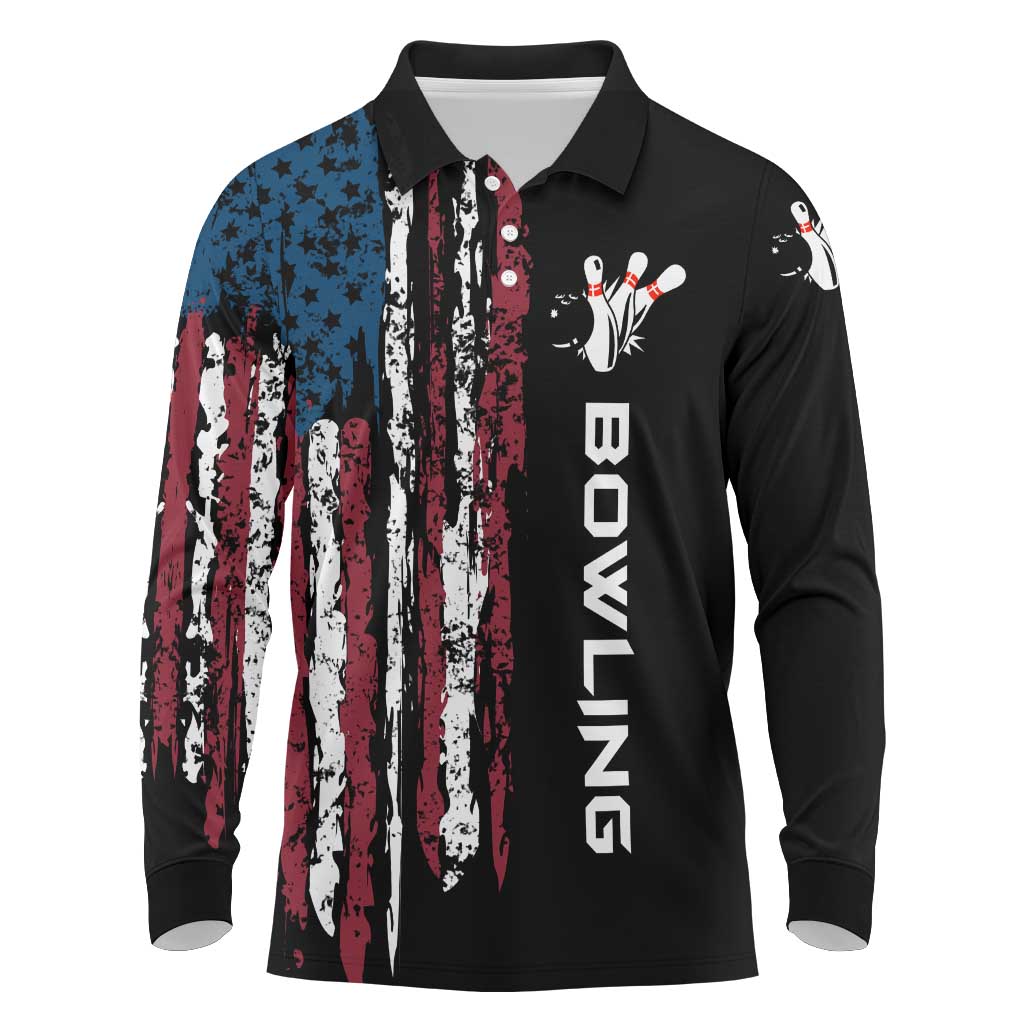 Distressed American Flag Long Sleeve Polo Shirt with Bowling Pins and Ball Vertical Stripe Design - Wonder Print Shop