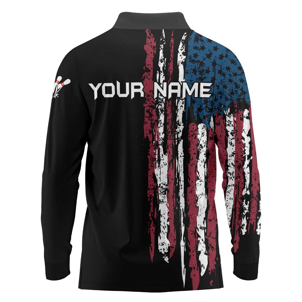 Distressed American Flag Long Sleeve Polo Shirt with Bowling Pins and Ball Vertical Stripe Design - Wonder Print Shop