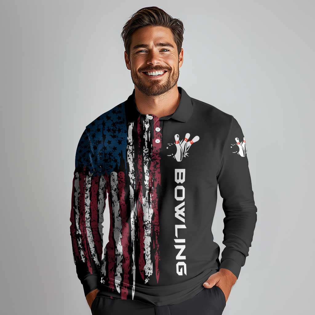 Distressed American Flag Long Sleeve Polo Shirt with Bowling Pins and Ball Vertical Stripe Design - Wonder Print Shop