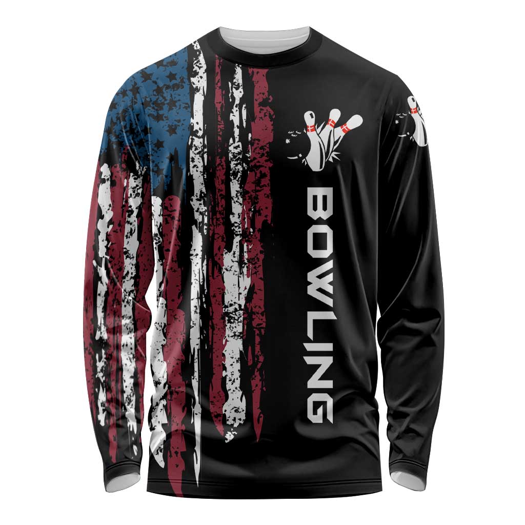 Distressed American Flag Long Sleeve Shirt with Bowling Pins and Ball Vertical Stripe Design - Wonder Print Shop
