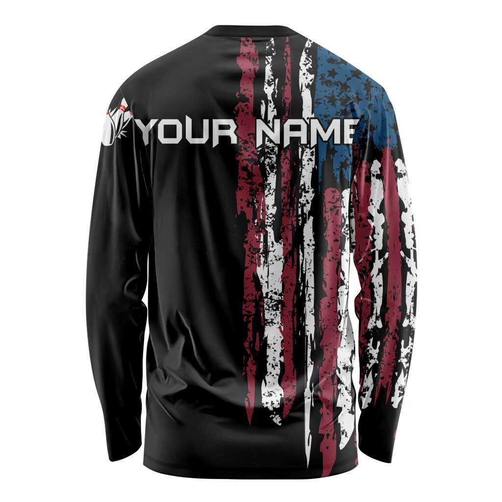 Distressed American Flag Long Sleeve Shirt with Bowling Pins and Ball Vertical Stripe Design - Wonder Print Shop