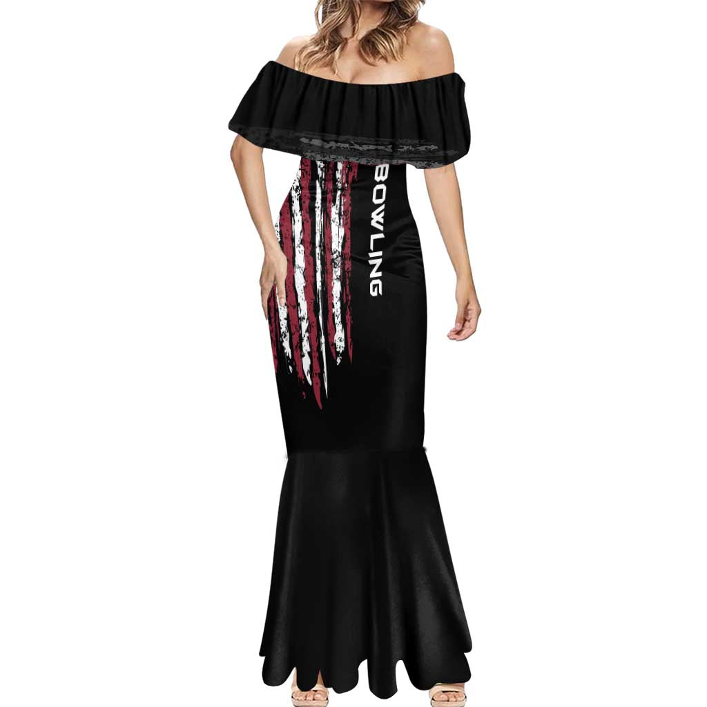 Distressed American Flag Mermaid Dress with Bowling Pins and Ball Vertical Stripe Design - Wonder Print Shop