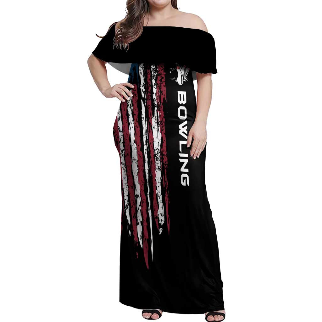 Distressed American Flag Off Shoulder Maxi Dress with Bowling Pins and Ball Vertical Stripe Design - Wonder Print Shop