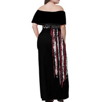 Distressed American Flag Off Shoulder Maxi Dress with Bowling Pins and Ball Vertical Stripe Design - Wonder Print Shop