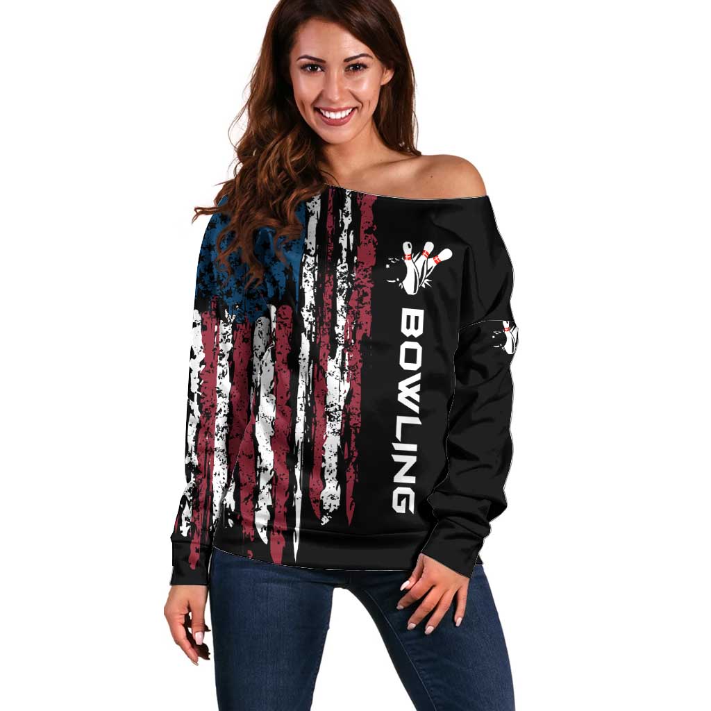 Distressed American Flag Off Shoulder Sweater with Bowling Pins and Ball Vertical Stripe Design - Wonder Print Shop