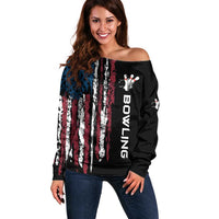 Distressed American Flag Off Shoulder Sweater with Bowling Pins and Ball Vertical Stripe Design - Wonder Print Shop