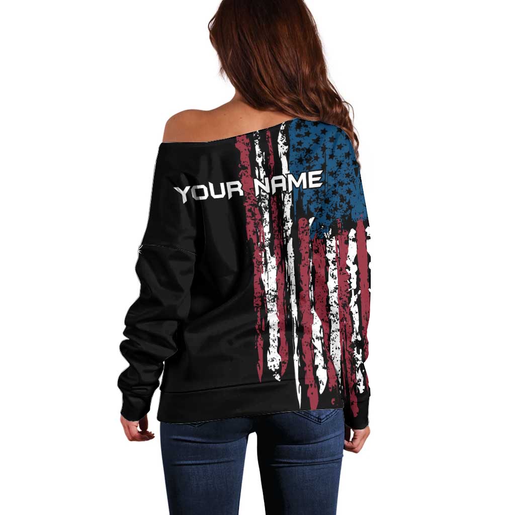 Distressed American Flag Off Shoulder Sweater with Bowling Pins and Ball Vertical Stripe Design - Wonder Print Shop