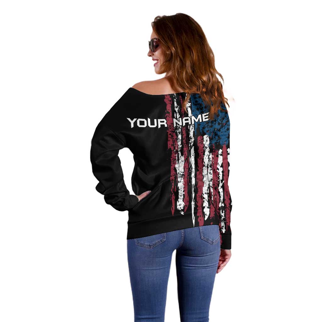 Distressed American Flag Off Shoulder Sweater with Bowling Pins and Ball Vertical Stripe Design - Wonder Print Shop