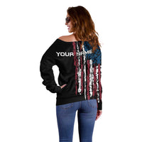 Distressed American Flag Off Shoulder Sweater with Bowling Pins and Ball Vertical Stripe Design - Wonder Print Shop