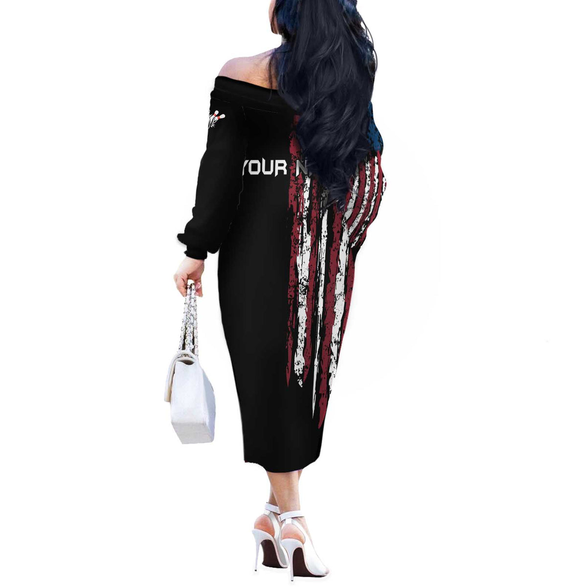 Distressed American Flag Off The Shoulder Long Sleeve Dress with Bowling Pins and Ball Vertical Stripe Design - Wonder Print Shop