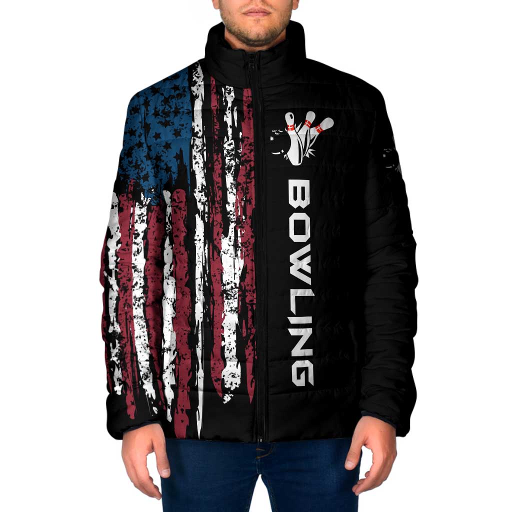 Distressed American Flag Padded Jacket with Bowling Pins and Ball Vertical Stripe Design - Wonder Print Shop