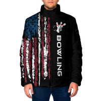 Distressed American Flag Padded Jacket with Bowling Pins and Ball Vertical Stripe Design - Wonder Print Shop
