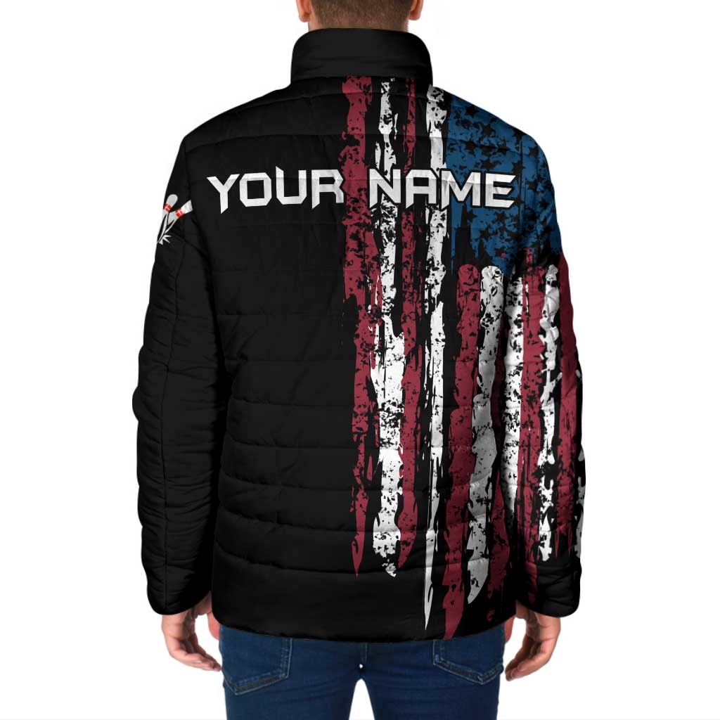 Distressed American Flag Padded Jacket with Bowling Pins and Ball Vertical Stripe Design - Wonder Print Shop
