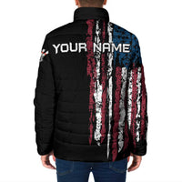 Distressed American Flag Padded Jacket with Bowling Pins and Ball Vertical Stripe Design - Wonder Print Shop