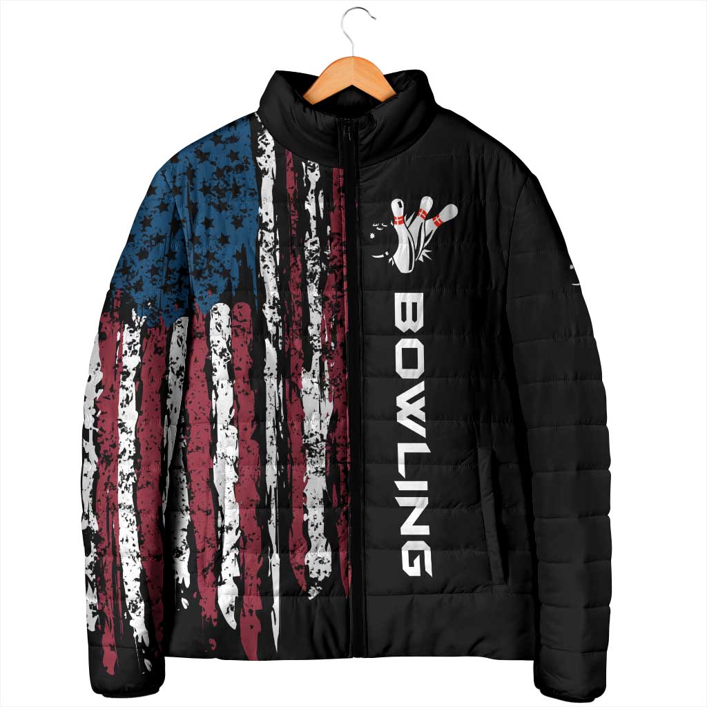 Distressed American Flag Padded Jacket with Bowling Pins and Ball Vertical Stripe Design - Wonder Print Shop