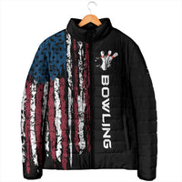 Distressed American Flag Padded Jacket with Bowling Pins and Ball Vertical Stripe Design - Wonder Print Shop