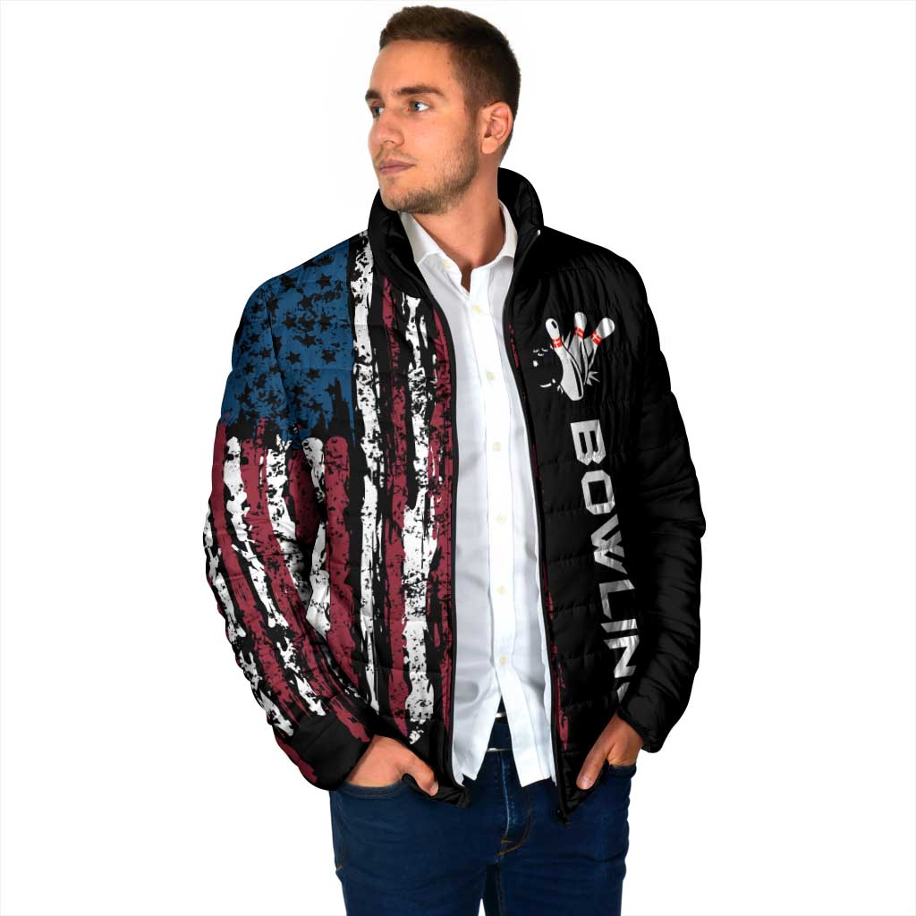 Distressed American Flag Padded Jacket with Bowling Pins and Ball Vertical Stripe Design - Wonder Print Shop
