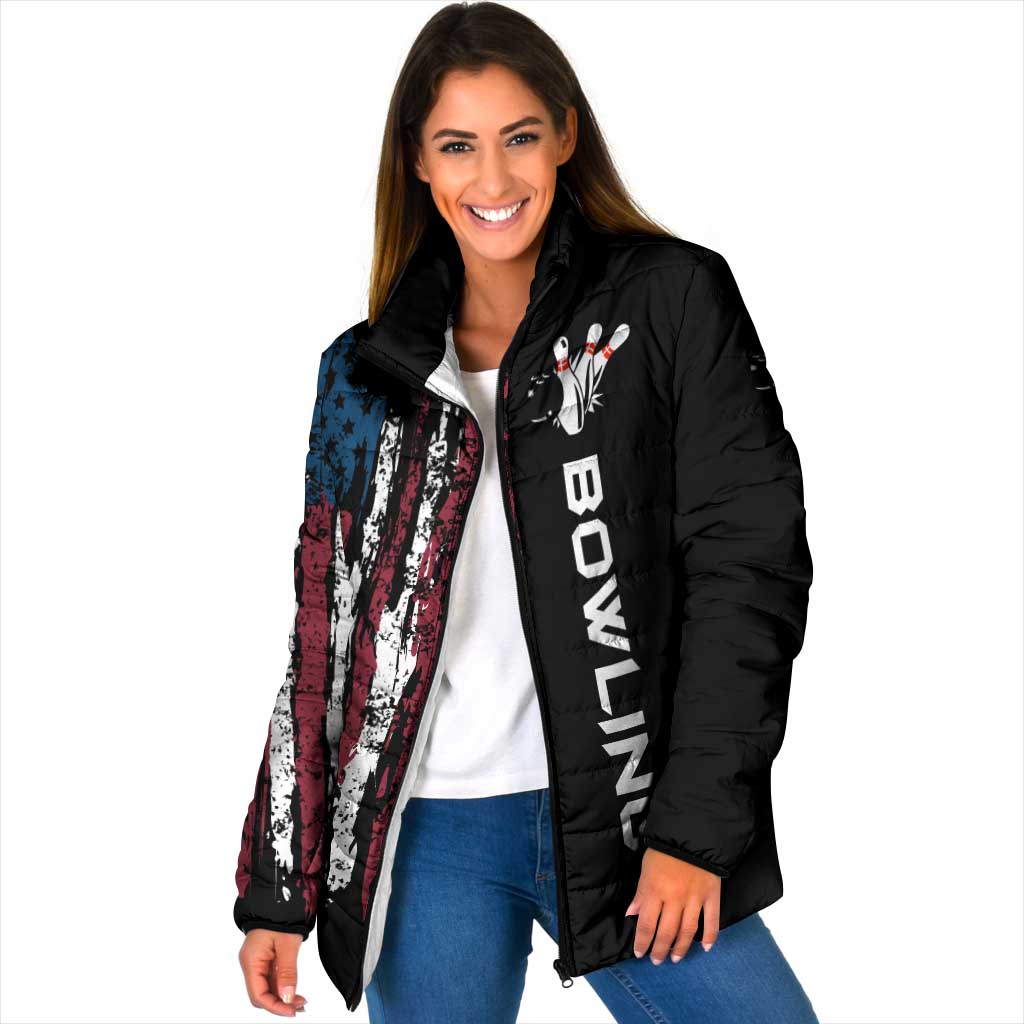 Distressed American Flag Padded Jacket with Bowling Pins and Ball Vertical Stripe Design - Wonder Print Shop
