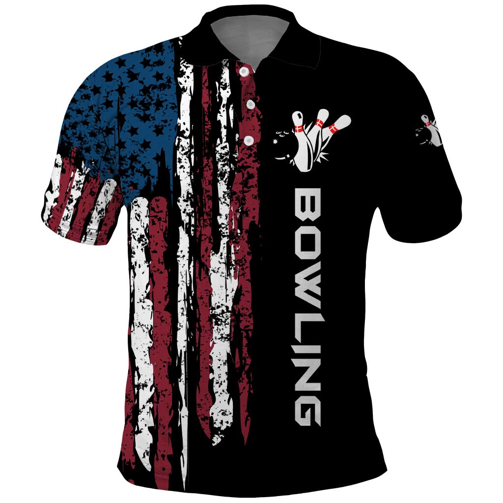 Distressed American Flag Polo Shirt with Bowling Pins and Ball Vertical Stripe Design - Wonder Print Shop