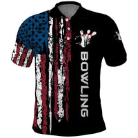 Distressed American Flag Polo Shirt with Bowling Pins and Ball Vertical Stripe Design - Wonder Print Shop