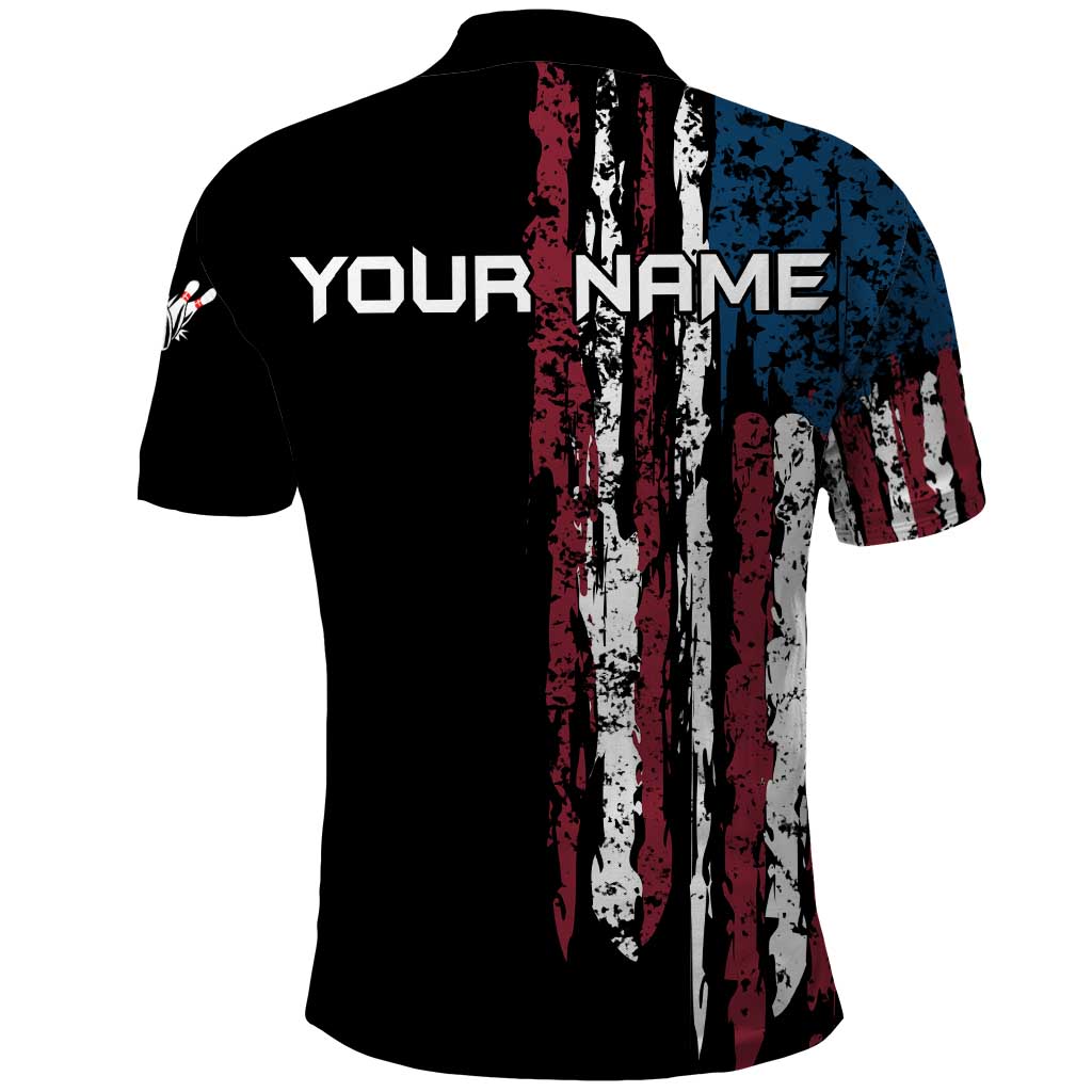 Distressed American Flag Polo Shirt with Bowling Pins and Ball Vertical Stripe Design - Wonder Print Shop