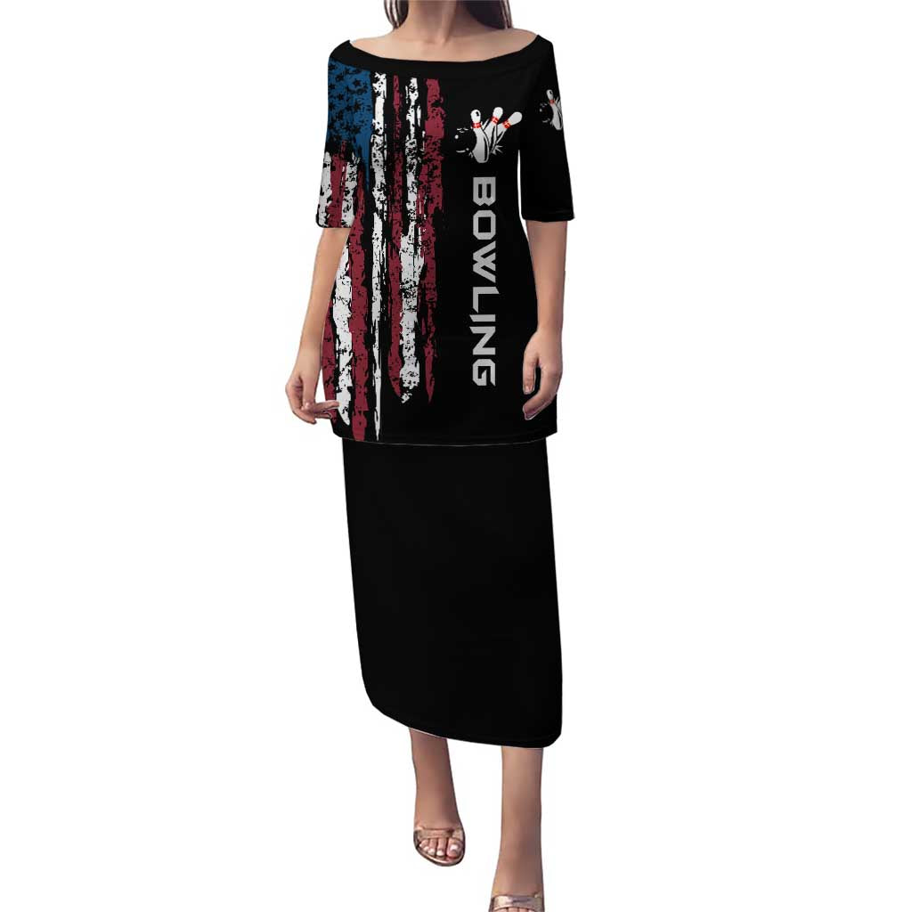 Distressed American Flag Puletasi with Bowling Pins and Ball Vertical Stripe Design - Wonder Print Shop