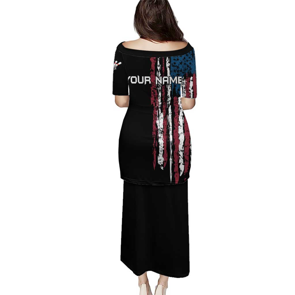 Distressed American Flag Puletasi with Bowling Pins and Ball Vertical Stripe Design - Wonder Print Shop