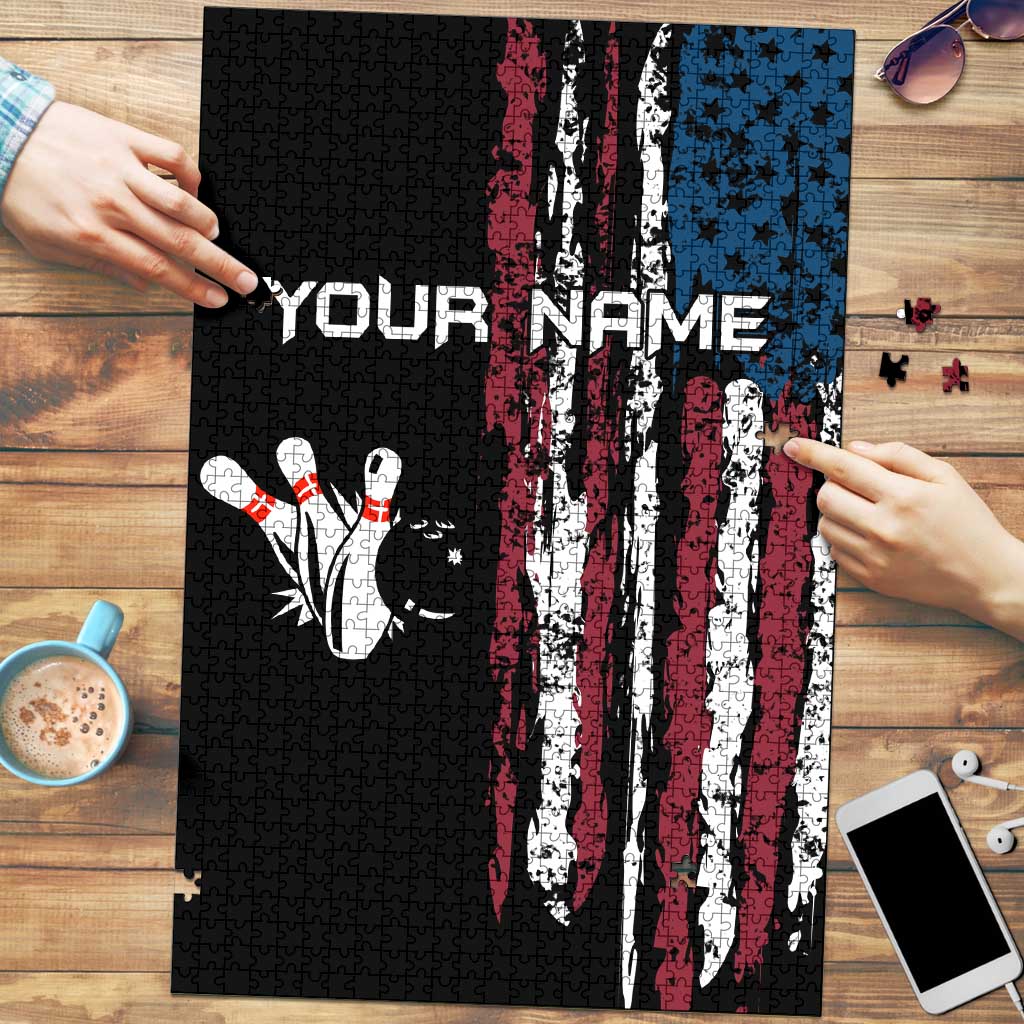 Distressed American Flag Puzzle with Bowling Pins and Ball Vertical Stripe Design - Wonder Print Shop
