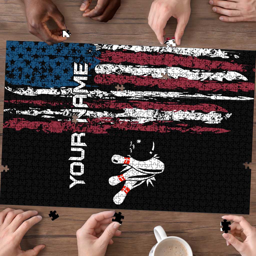 Distressed American Flag Puzzle with Bowling Pins and Ball Vertical Stripe Design - Wonder Print Shop