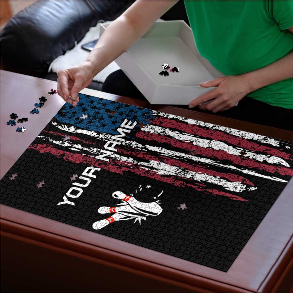 Distressed American Flag Puzzle with Bowling Pins and Ball Vertical Stripe Design - Wonder Print Shop