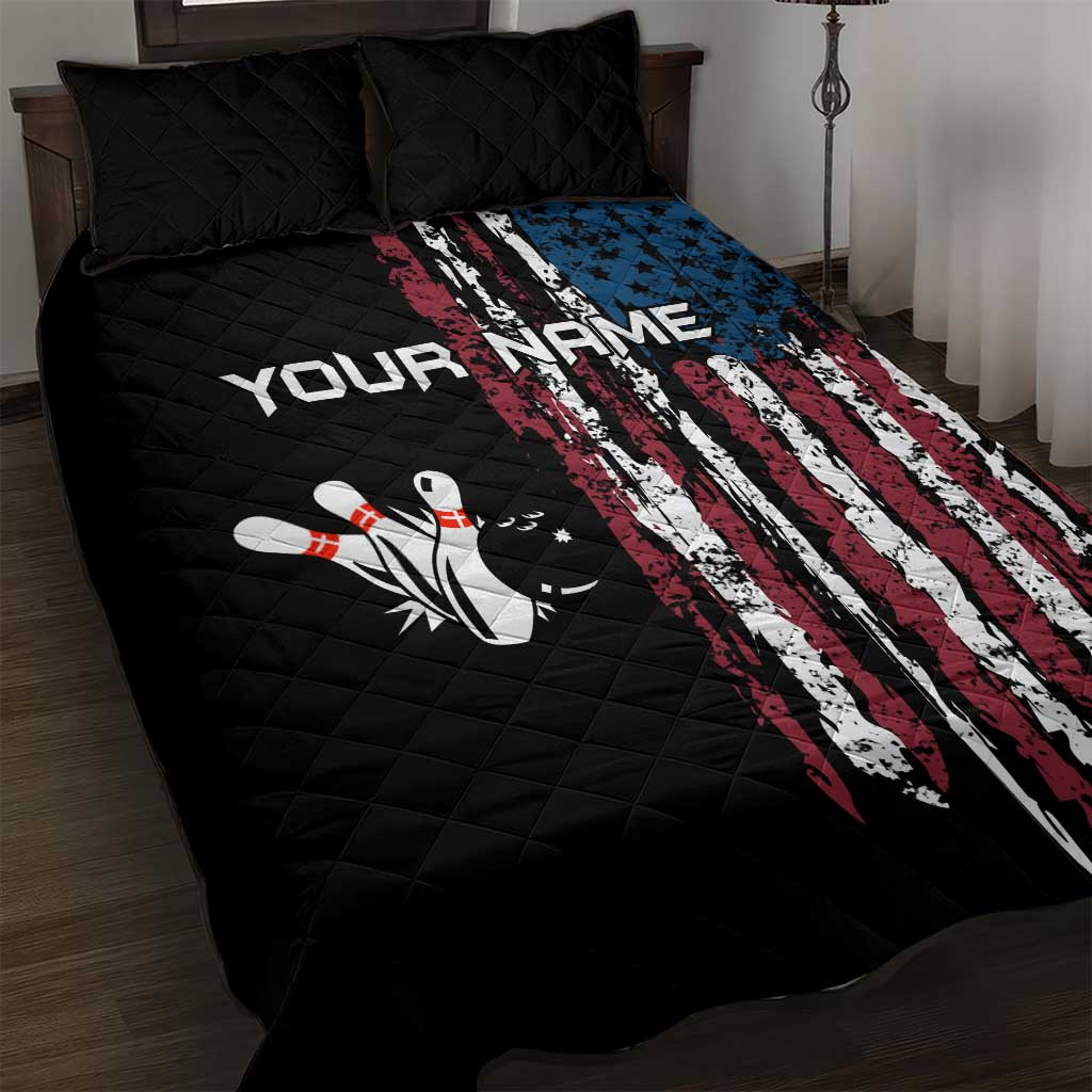 Distressed American Flag Quilt Bed Set with Bowling Pins and Ball Vertical Stripe Design - Wonder Print Shop