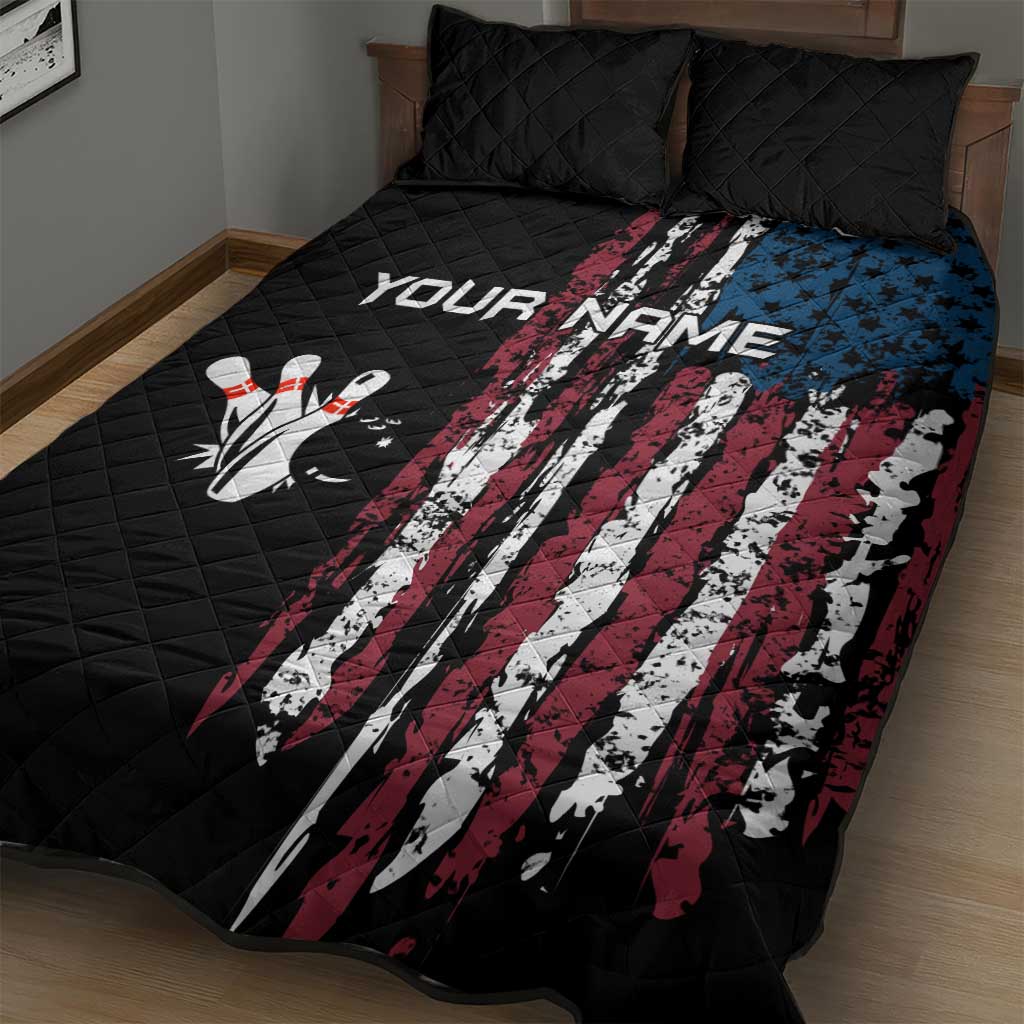 Distressed American Flag Quilt Bed Set with Bowling Pins and Ball Vertical Stripe Design - Wonder Print Shop