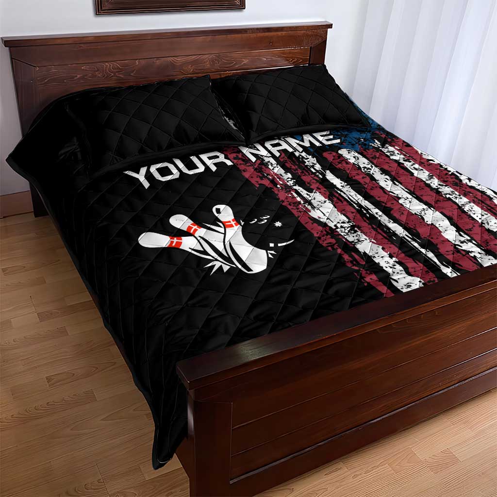 Distressed American Flag Quilt Bed Set with Bowling Pins and Ball Vertical Stripe Design - Wonder Print Shop