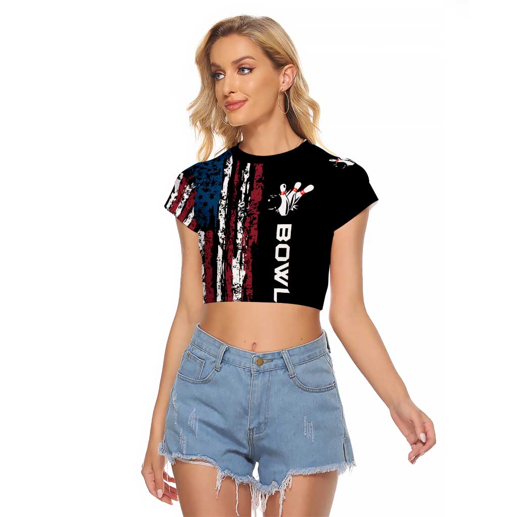Distressed American Flag Raglan Cropped T Shirt with Bowling Pins and Ball Vertical Stripe Design - Wonder Print Shop