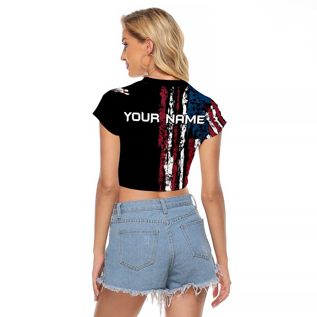 Distressed American Flag Raglan Cropped T Shirt with Bowling Pins and Ball Vertical Stripe Design - Wonder Print Shop