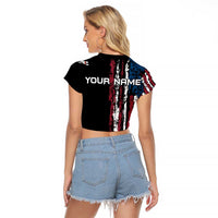 Distressed American Flag Raglan Cropped T Shirt with Bowling Pins and Ball Vertical Stripe Design - Wonder Print Shop
