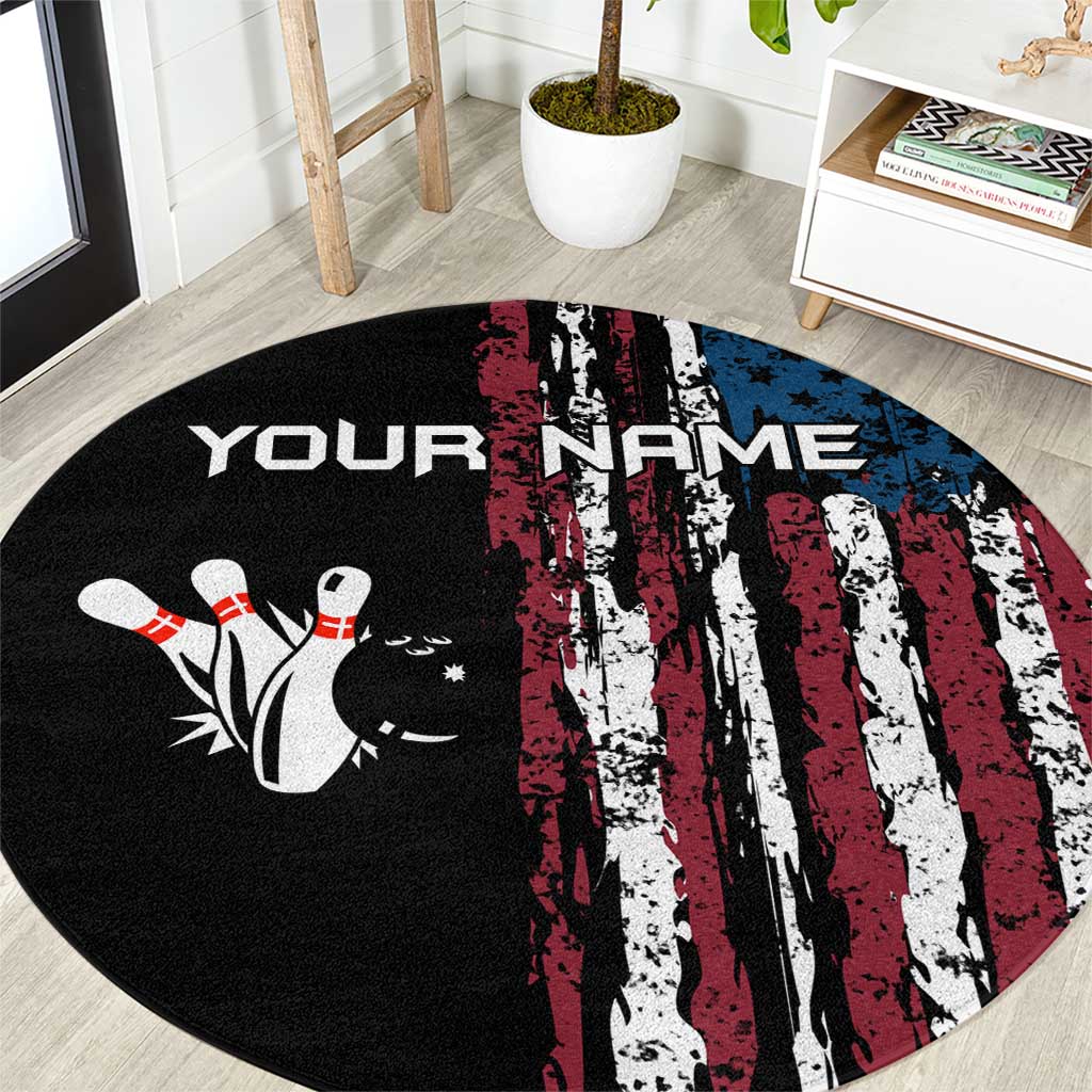 Distressed American Flag Round Carpet with Bowling Pins and Ball Vertical Stripe Design - Wonder Print Shop