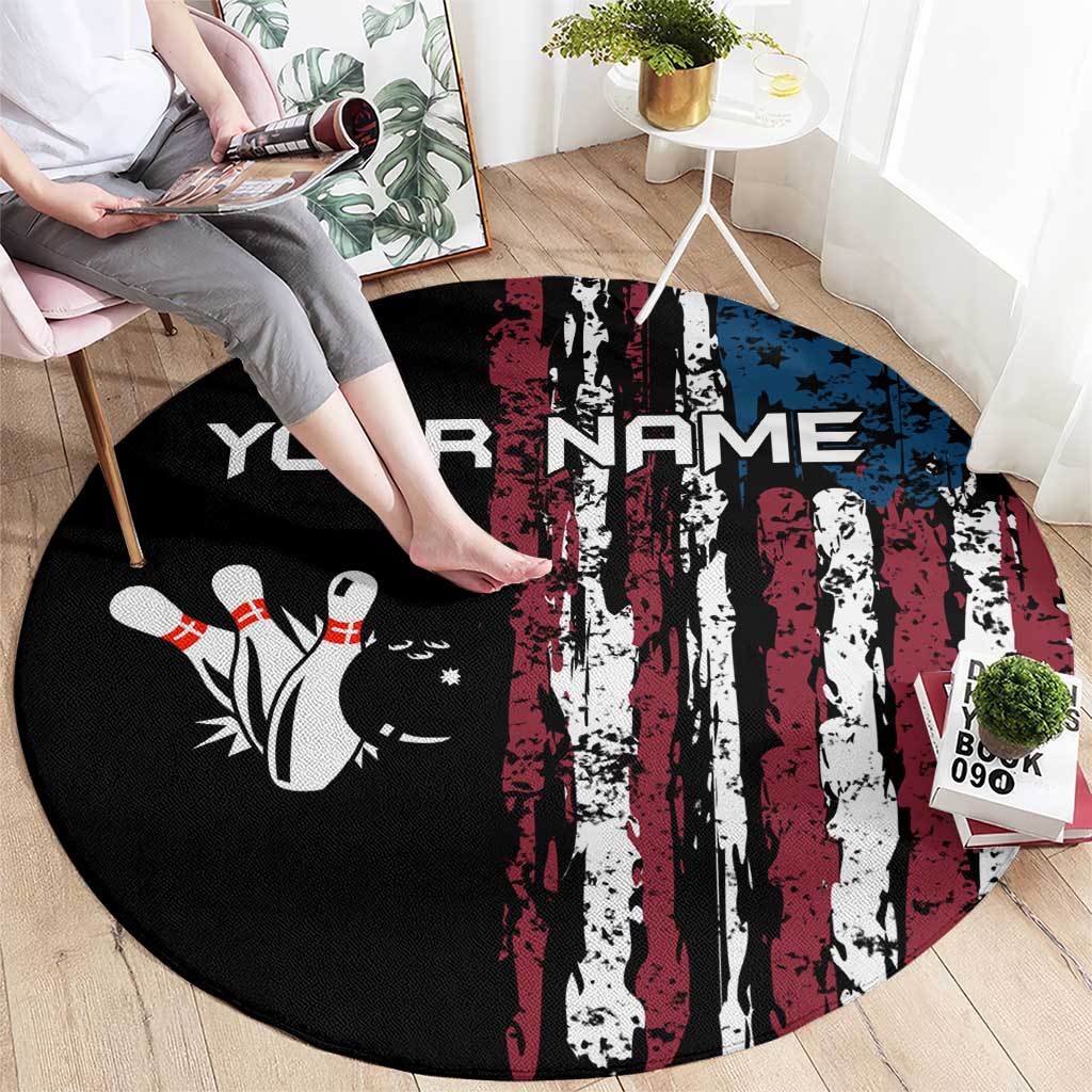 Distressed American Flag Round Carpet with Bowling Pins and Ball Vertical Stripe Design - Wonder Print Shop