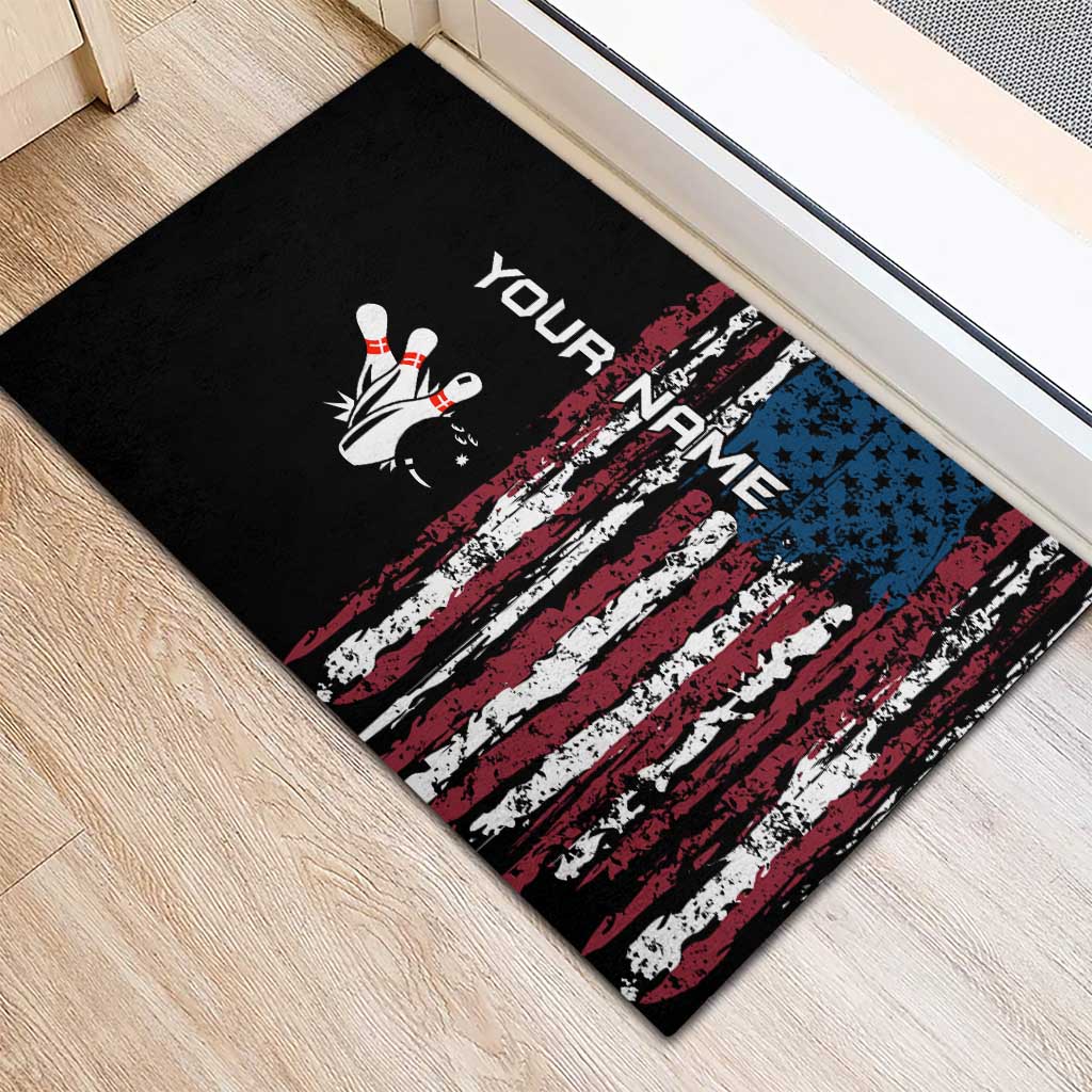 Distressed American Flag Rubber Doormat with Bowling Pins and Ball Vertical Stripe Design - Wonder Print Shop