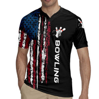Distressed American Flag Rugby Jersey with Bowling Pins and Ball Vertical Stripe Design - Wonder Print Shop