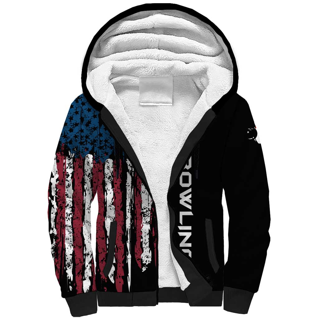 Distressed American Flag Sherpa Hoodie with Bowling Pins and Ball Vertical Stripe Design - Wonder Print Shop