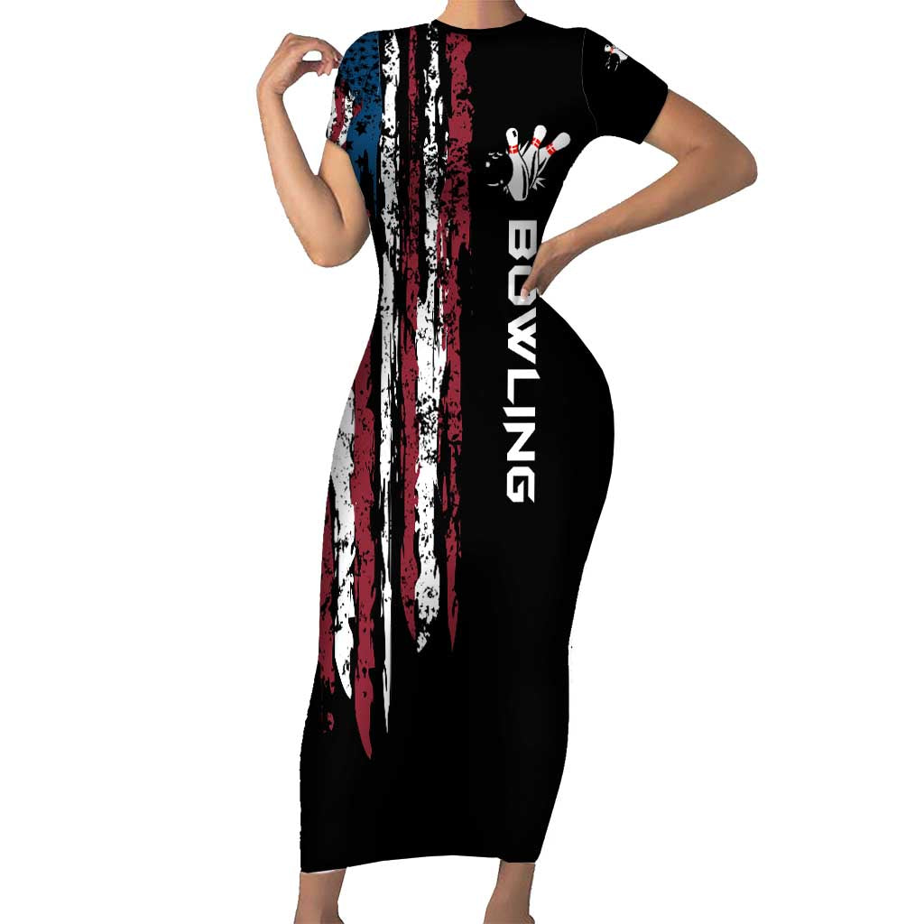 Distressed American Flag Short Sleeve Bodycon Dress with Bowling Pins and Ball Vertical Stripe Design - Wonder Print Shop