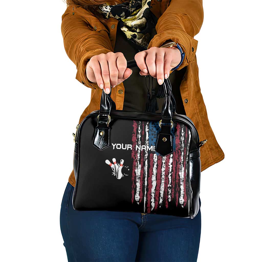 Distressed American Flag Shoulder Handbag with Bowling Pins and Ball Vertical Stripe Design - Wonder Print Shop