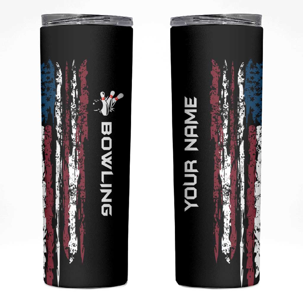 Distressed American Flag Skinny Tumbler with Bowling Pins and Ball Vertical Stripe Design - Wonder Print Shop